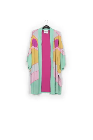 Yellow, pink and light blue kimono with embroideries