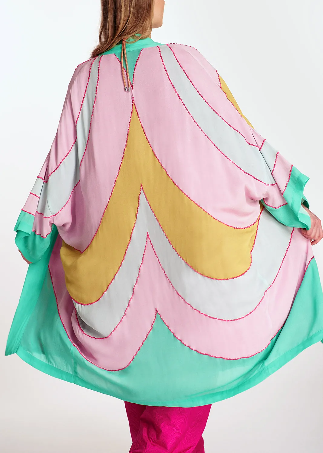 Yellow, pink and light blue kimono with embroideries