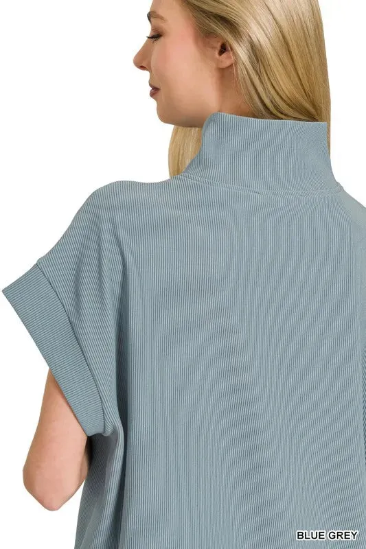 Zenana Ribbed High Neck Half Zip Top