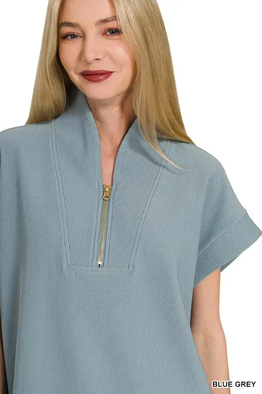 Zenana Ribbed High Neck Half Zip Top