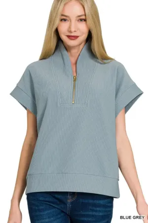 Zenana Ribbed High Neck Half Zip Top