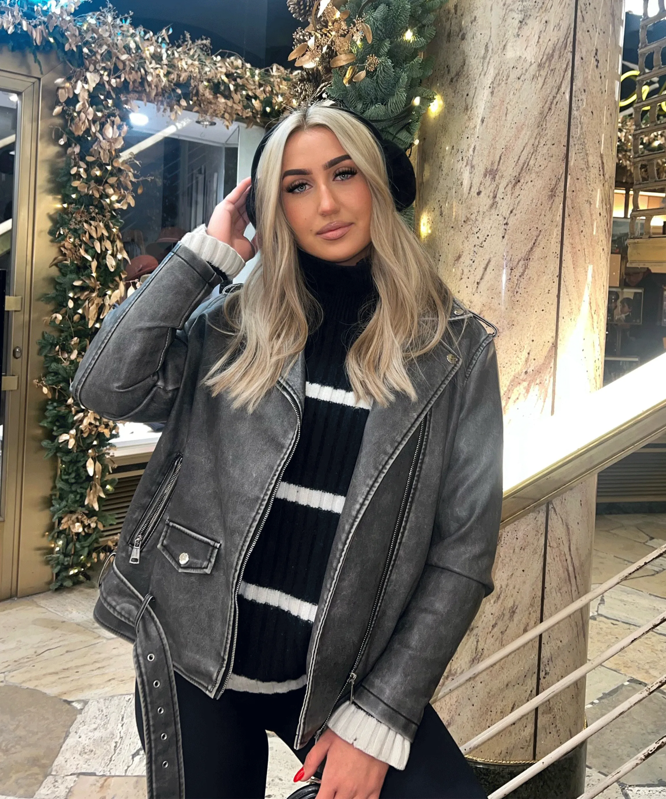 Zita - vegan oversized leather jacket dark gray