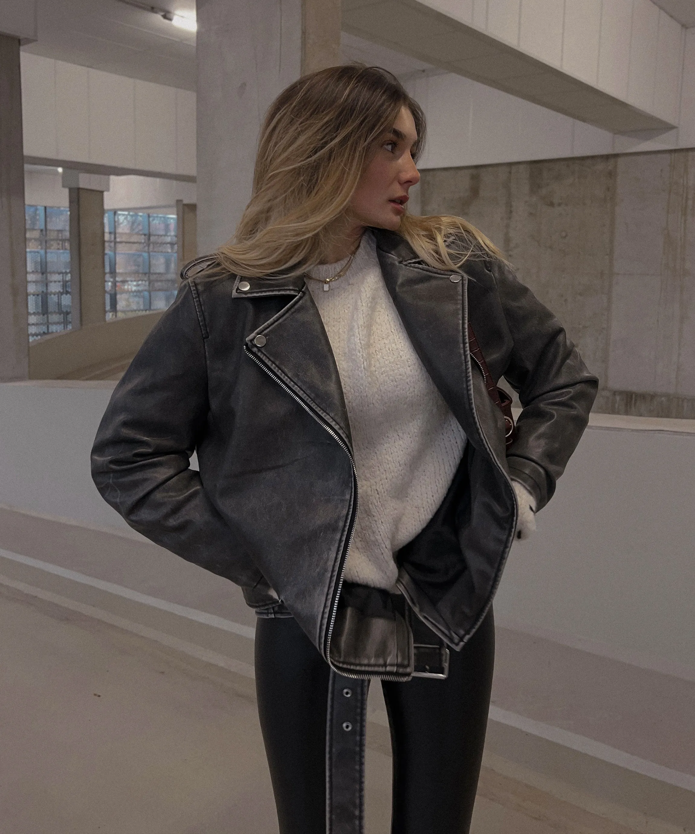 Zita - vegan oversized leather jacket dark gray