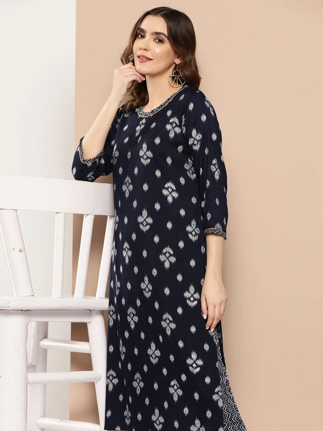 Zola Exclusive Round Neck Rayon Ikat Yarn Dyed Fabric Navy Blue Straight Kurta Set For Women