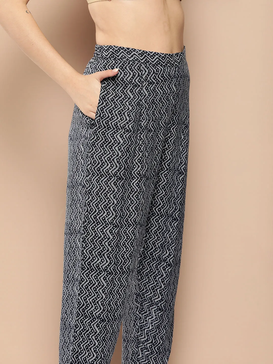 Zola Exclusive Round Neck Rayon Ikat Yarn Dyed Fabric Navy Blue Straight Kurta Set For Women
