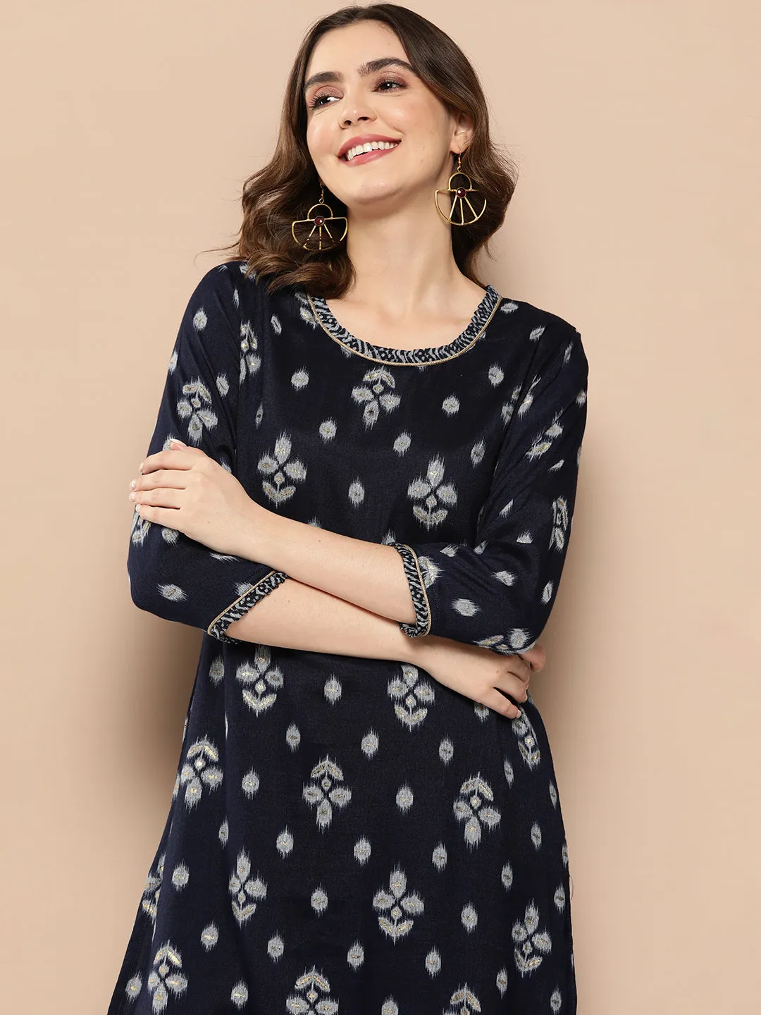 Zola Exclusive Round Neck Rayon Ikat Yarn Dyed Fabric Navy Blue Straight Kurta Set For Women