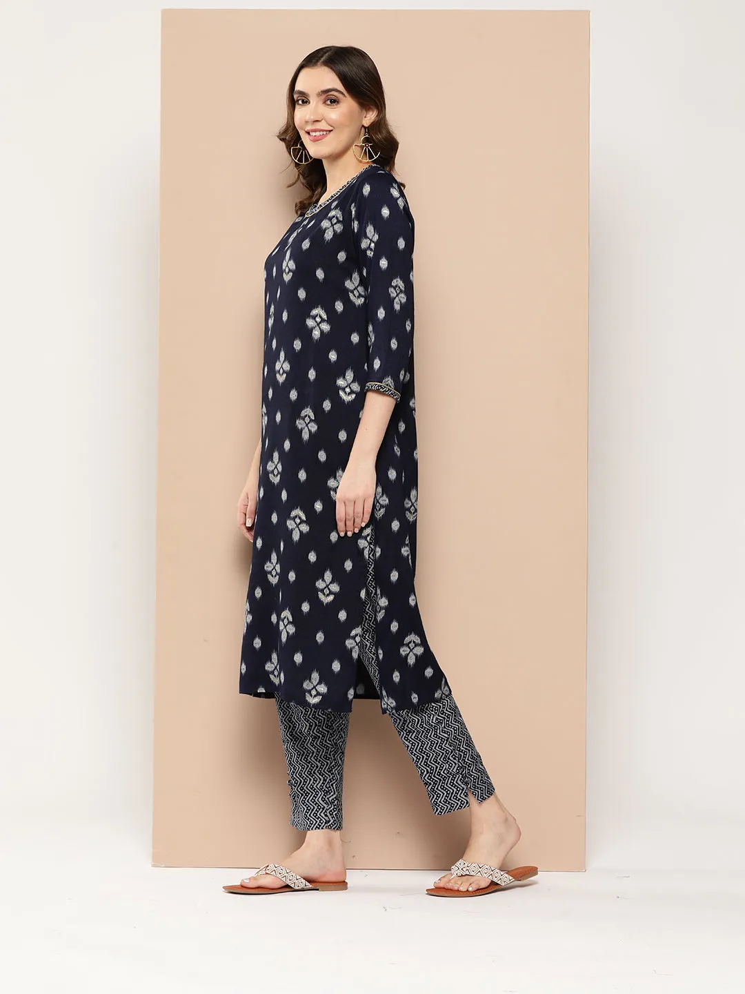Zola Exclusive Round Neck Rayon Ikat Yarn Dyed Fabric Navy Blue Straight Kurta Set For Women