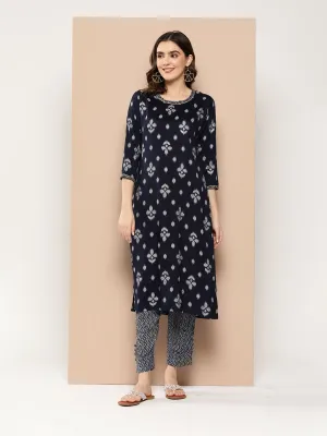Zola Exclusive Round Neck Rayon Ikat Yarn Dyed Fabric Navy Blue Straight Kurta Set For Women