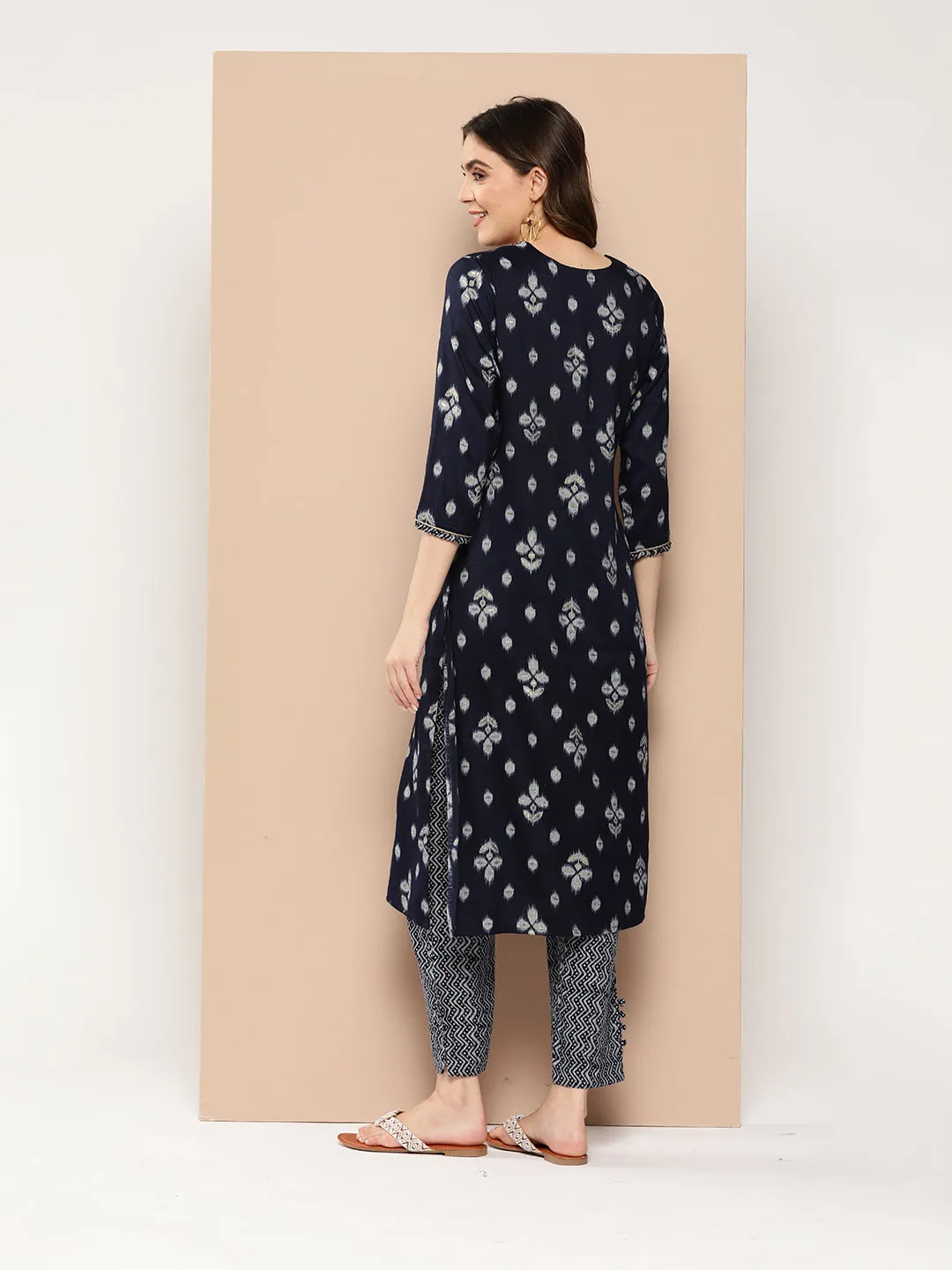 Zola Exclusive Round Neck Rayon Ikat Yarn Dyed Fabric Navy Blue Straight Kurta Set For Women