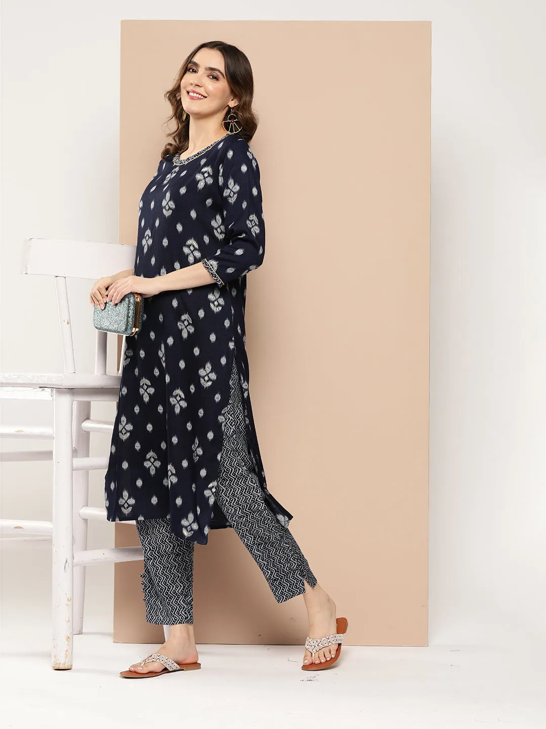 Zola Exclusive Round Neck Rayon Ikat Yarn Dyed Fabric Navy Blue Straight Kurta Set For Women